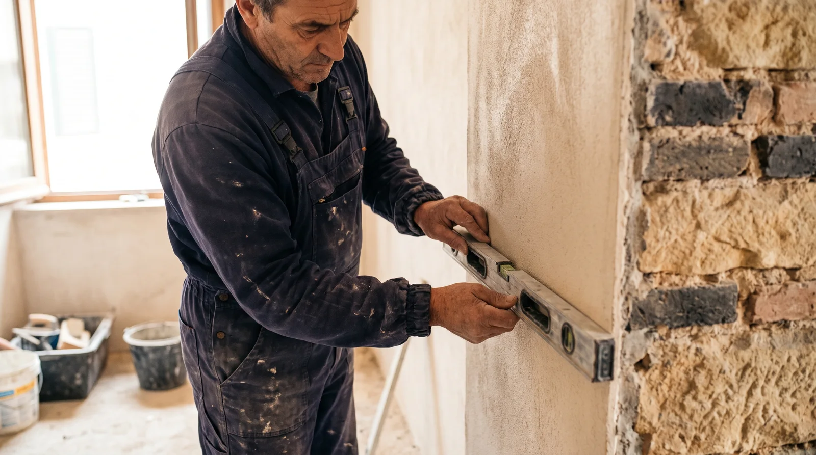 Professionista che controlla la precisione di una parete ripristinata