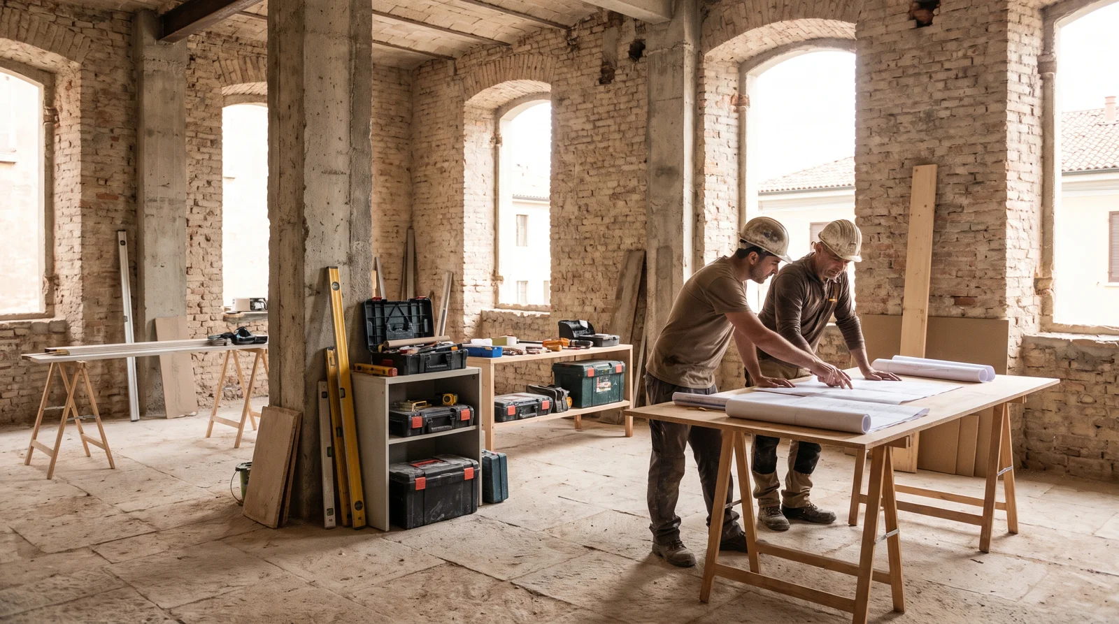 Tecnici che coordinano le lavorazioni in un ambiente in ristrutturazione