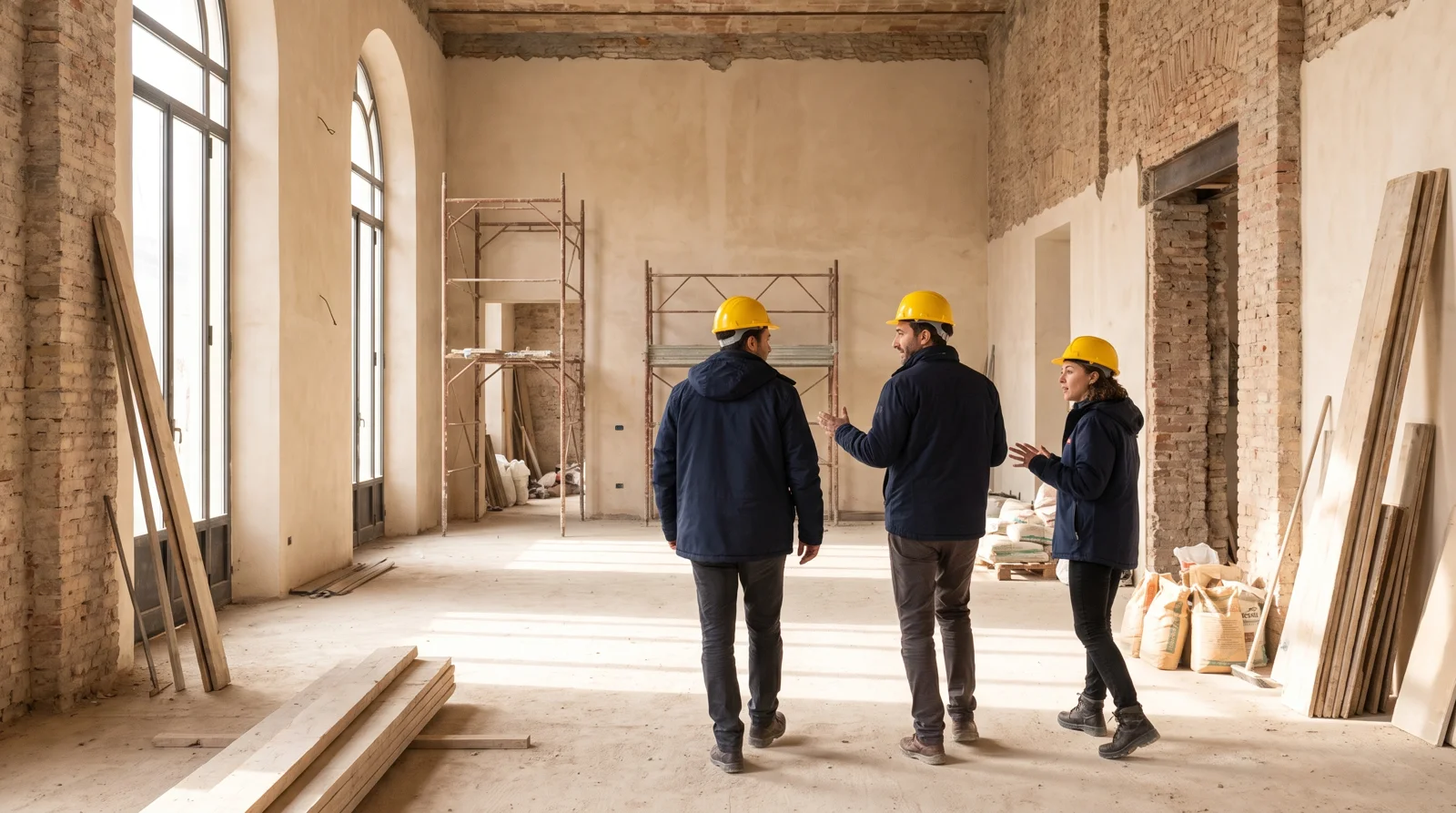 Professionisti che si confrontano all’interno di uno spazio in ristrutturazione