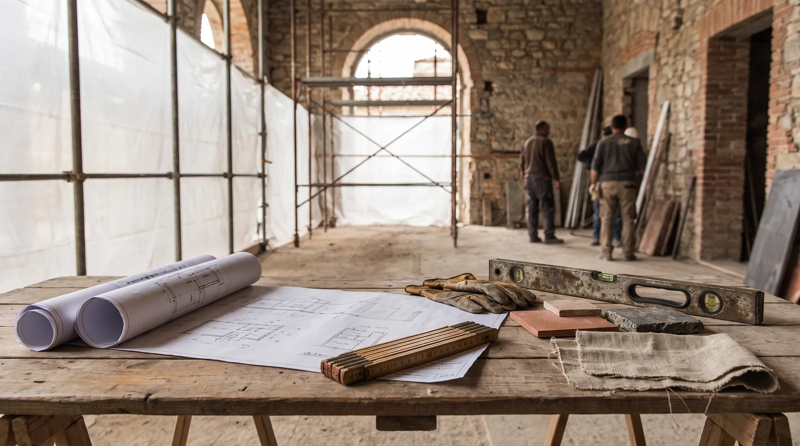 Progetto, strumenti e campioni di materiali su un banco in cantiere